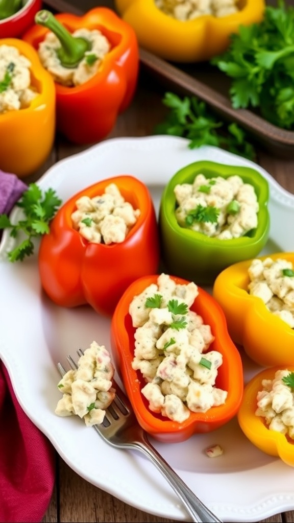 Vibrant stuffed bell peppers filled with tuna salad, garnished with parsley on a rustic table.